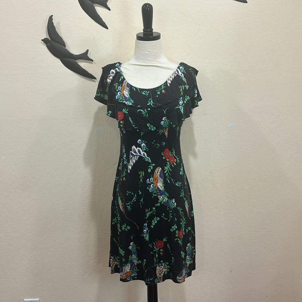 Julie Brown - 100% Silk Floral Print Ruffled Collar Fit & Flare Dress - Size S